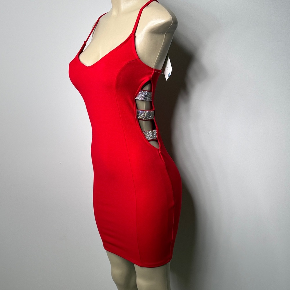 Almost Famous Red Spaghetti-Strap Mini Dress with Glitter Side Straps